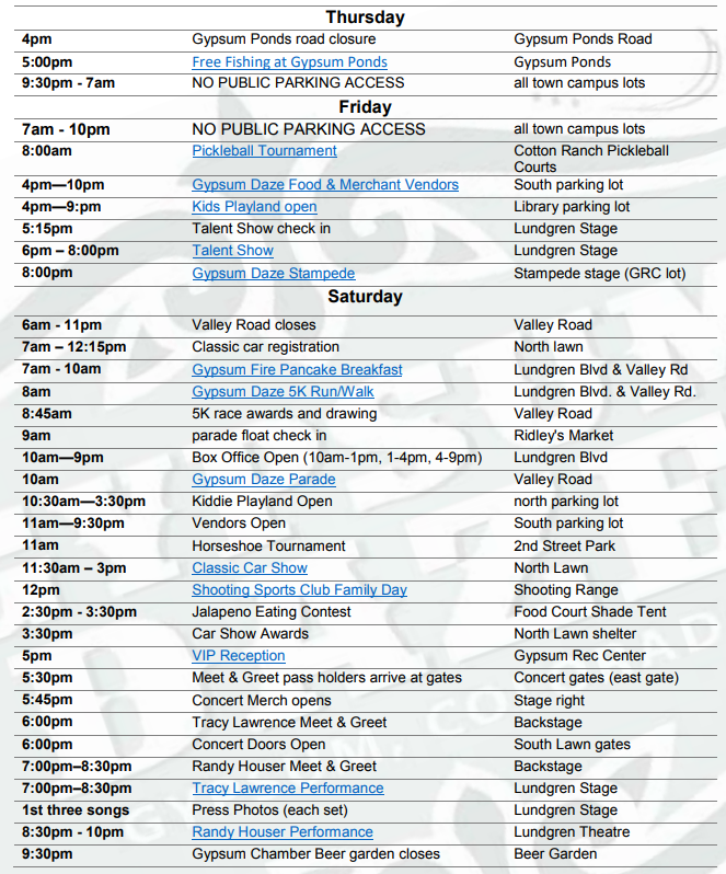 Gypsum Daze 2018 Schedule of Events